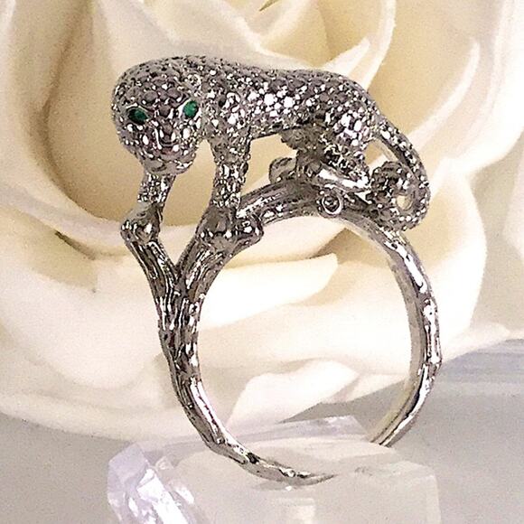 Vintage Sterling Silver Leopard Ring, Green Eyes Art Deco - Picture 7 of 12